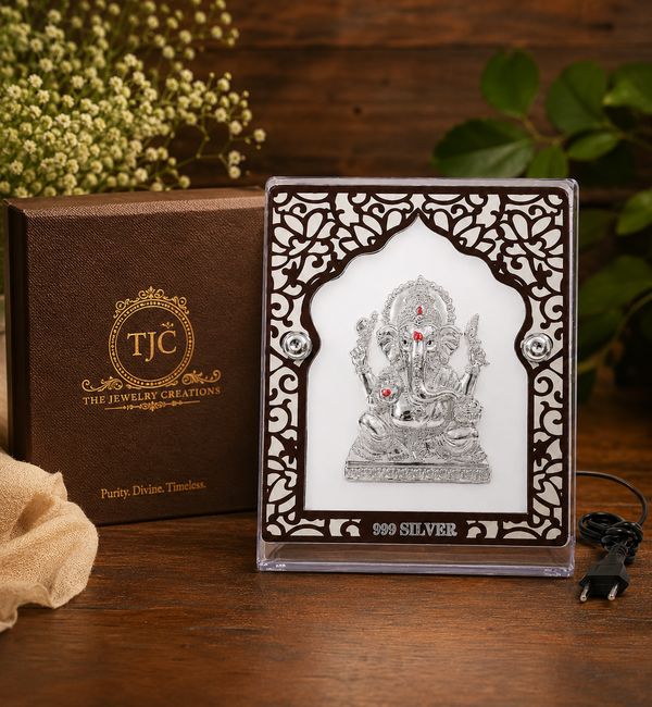 925 Fine Silver |Lord Ganesha with Light | Illuminated Ganesh Idol | Hindu Home Temple Decor | Spiritual Gift |