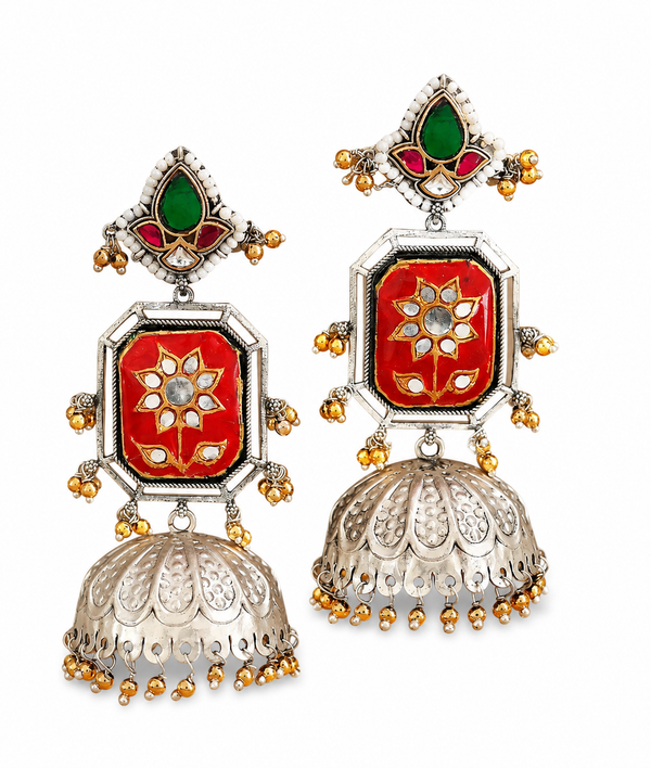 Premium Quality | Silver Plated | Red Color | Jhumka Earrings |