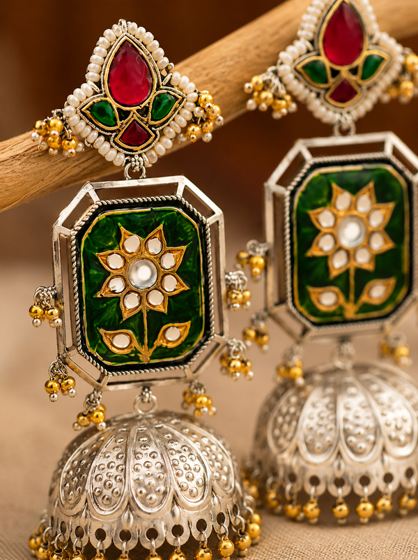Premium Quality | Silver Plated | Green Color | Jhumka Earrings |