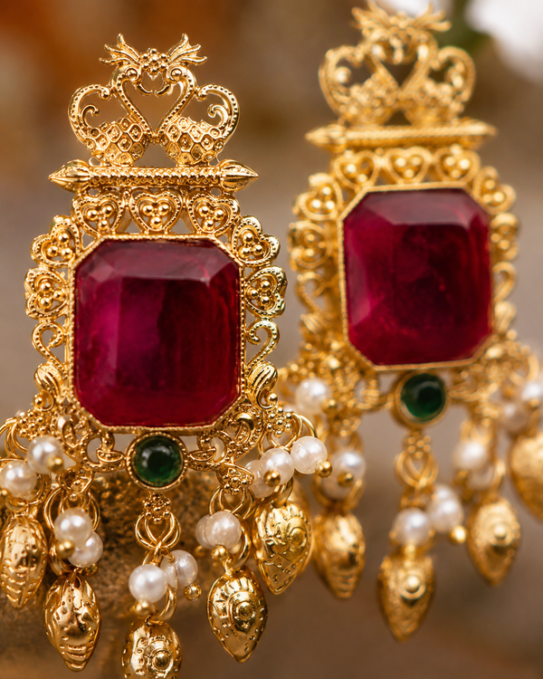 Premium Quality | Dangler Earrings | White Pearls | Red Color |