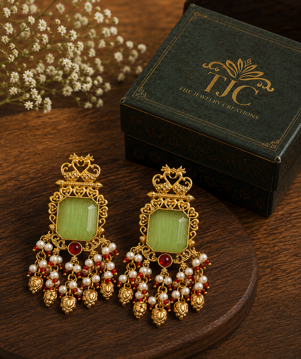 Premium Quality | Dangler Earrings | White Pearls | Mint Color |