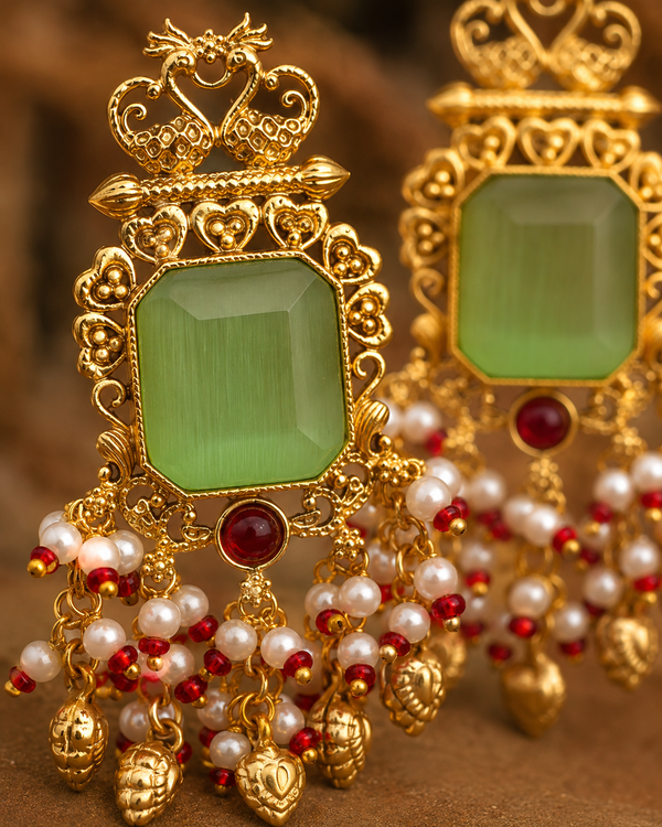Premium Quality | Dangler Earrings | White Pearls | Mint Color |