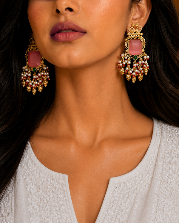 Premium Quality | Dangler Earrings | White Pearls | Pink Color |
