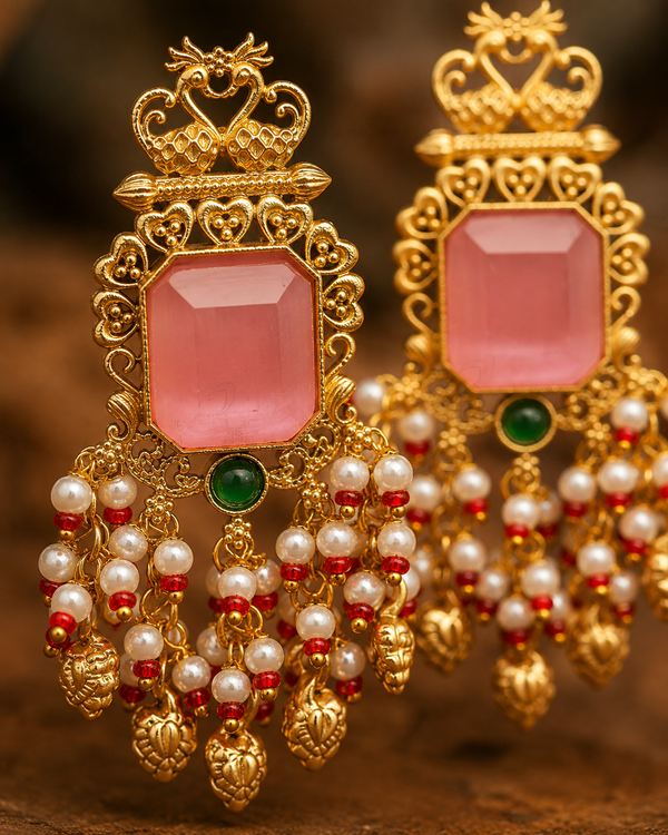 Premium Quality | Dangler Earrings | White Pearls | Pink Color |
