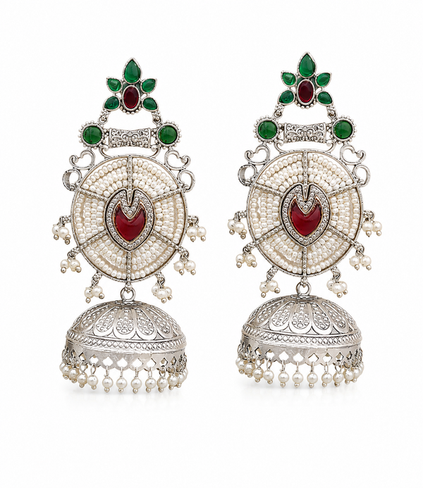 Silver Plated | Jhumka Earrings | Handmade Earrings | Red Color |