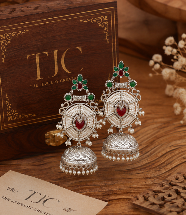 Silver Plated | Jhumka Earrings | Handmade Earrings | Red Color |