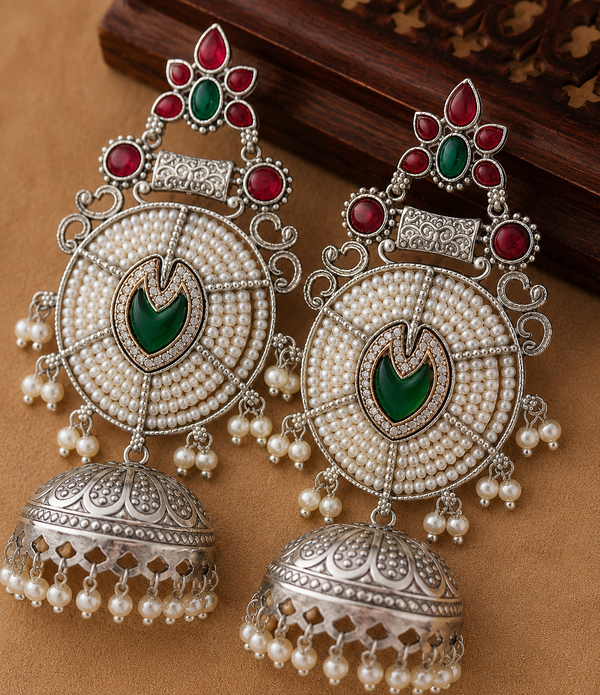 Silver Plated | Jhumka Earrings | Handmade Earrings | Green Color |