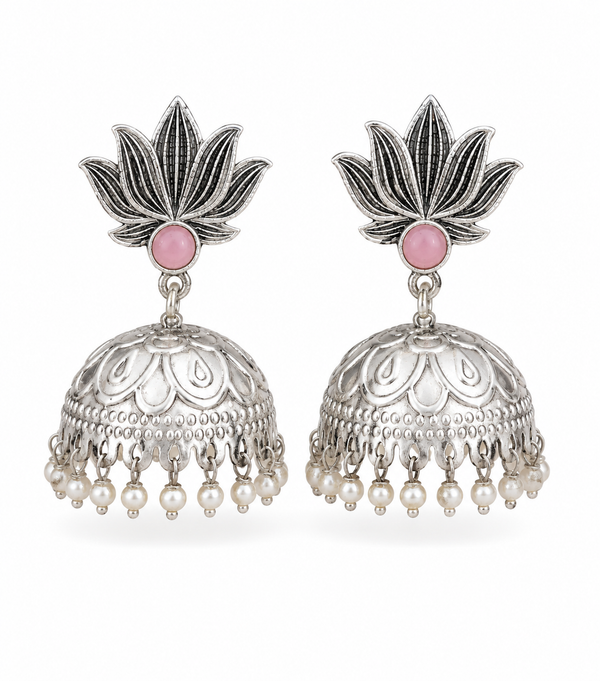 Premium Quality | Lotus Jhumka Earrings | Silver Plated |