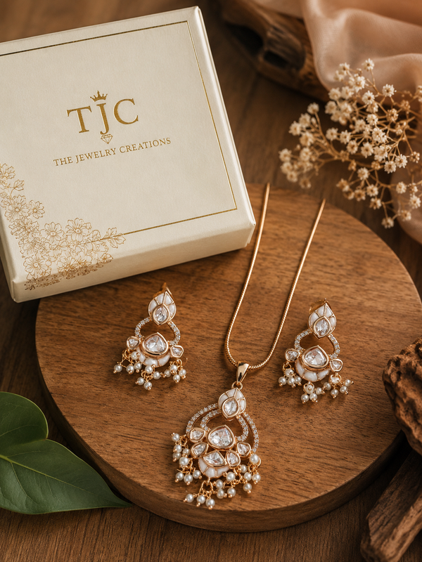 Premium Quality |Italian Meenakari | Moissanite Pendant Set | White Color |