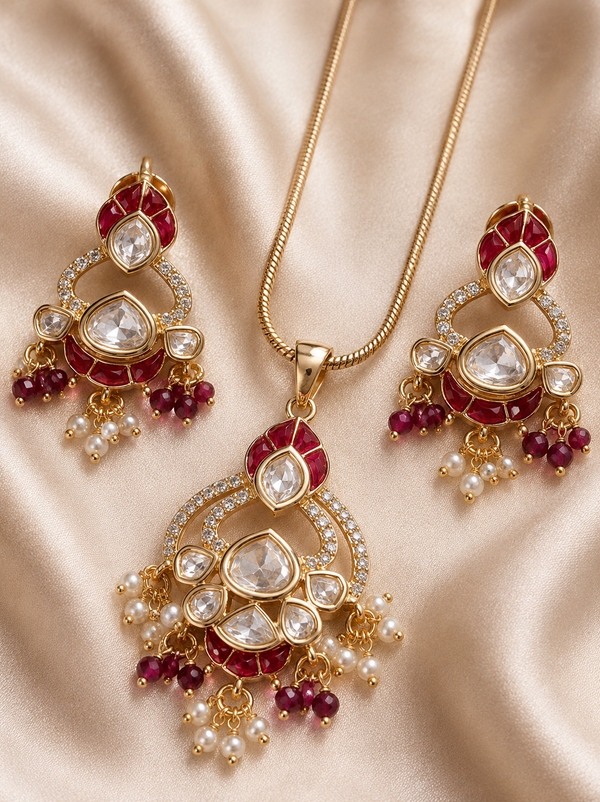 Premium Quality |Italian Meenakari | Moissanite Pendant Set | Red Color |