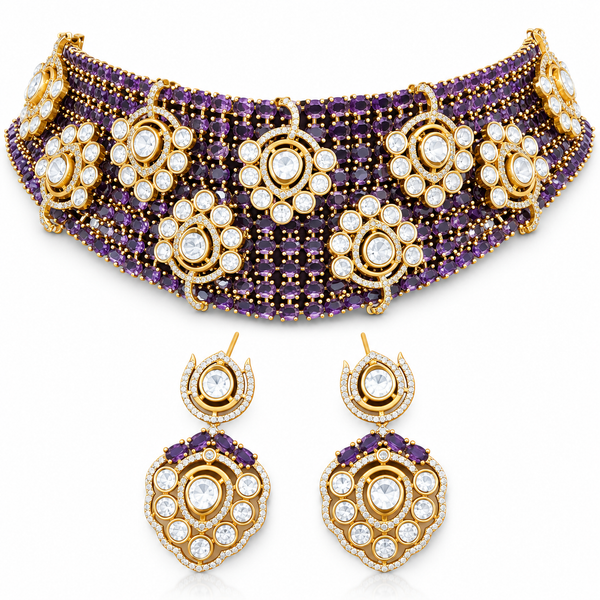 Premium Quality | Moissanite Detailing | Choker Set | Amethyst Color |