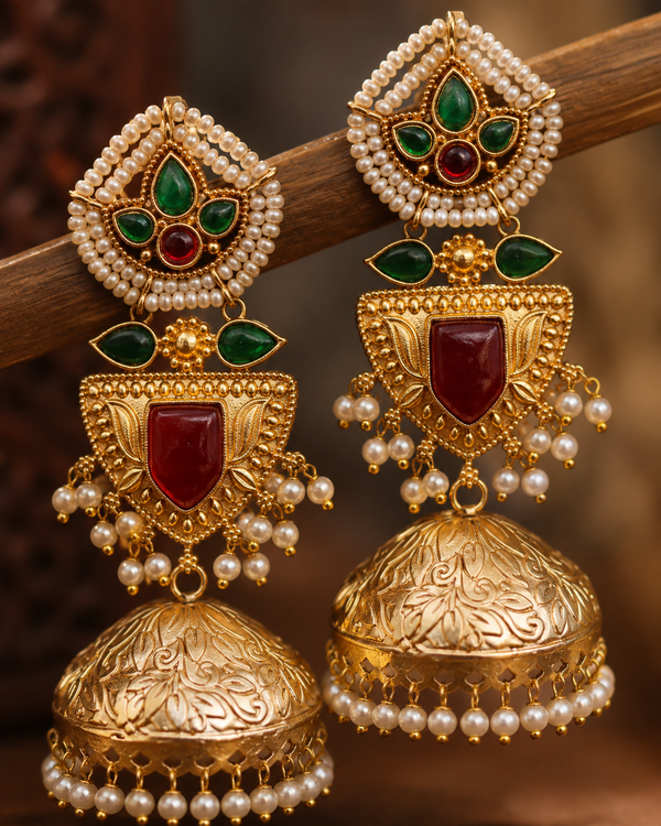Premium Quality | Jhumki Earrings | White Pearls | Red Color |