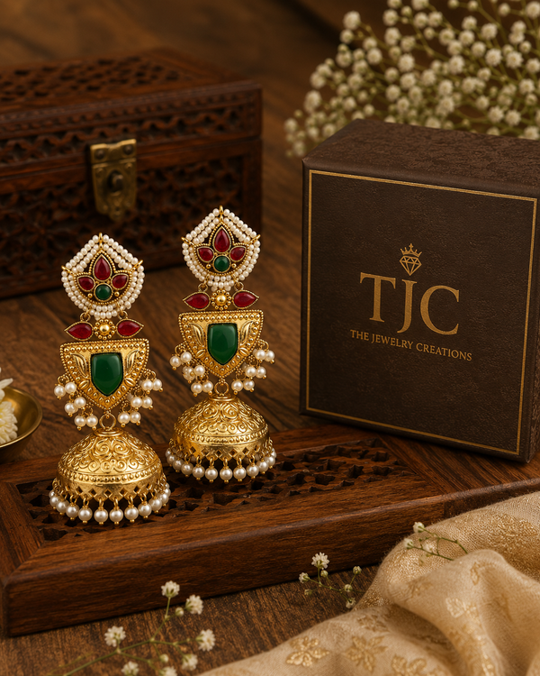 Premium Quality | Jhumki Earrings | White Pearls | Green Color |