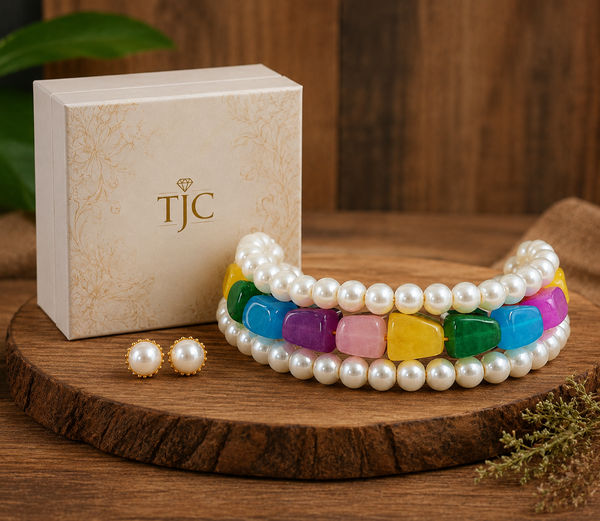 Premium Quality | Multi Color | Tumble Stone | Unisex Mala With Earrings |