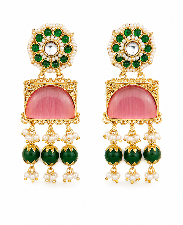 Premium Quality | Dangler Earrings | Artificial Stone with Pearl | Pink Color |