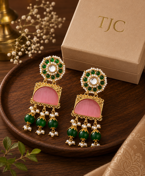 Premium Quality | Dangler Earrings | Artificial Stone with Pearl | Pink Color |