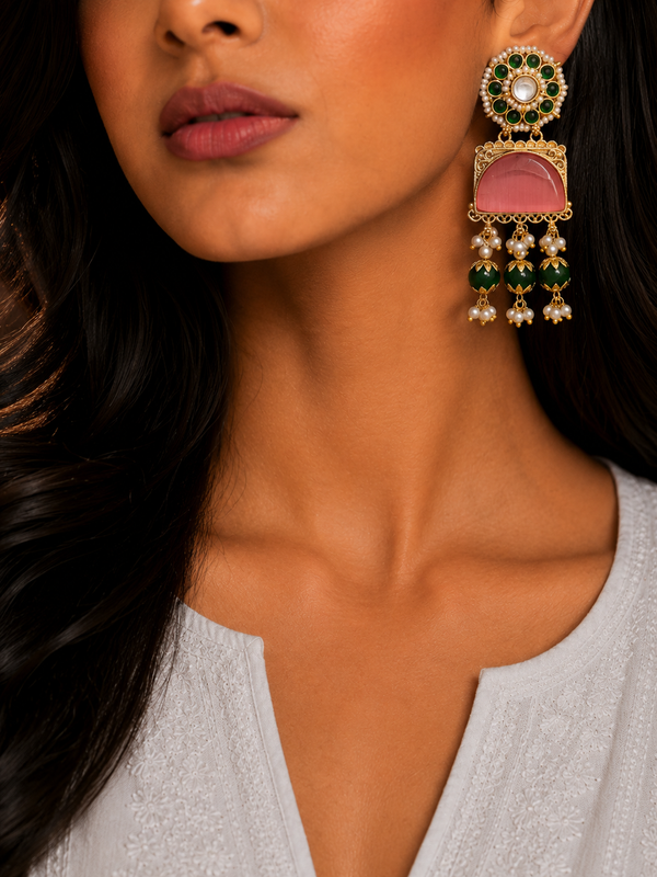 Premium Quality | Dangler Earrings | Artificial Stone with Pearl | Pink Color |