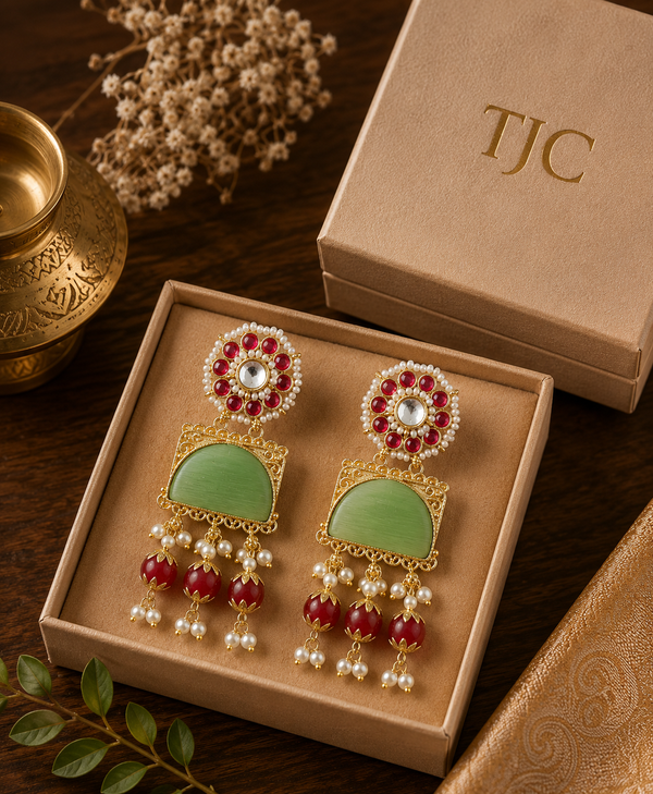 Premium Quality | Dangler Earrings | Artificial Stone with Pearl | Mint Color |