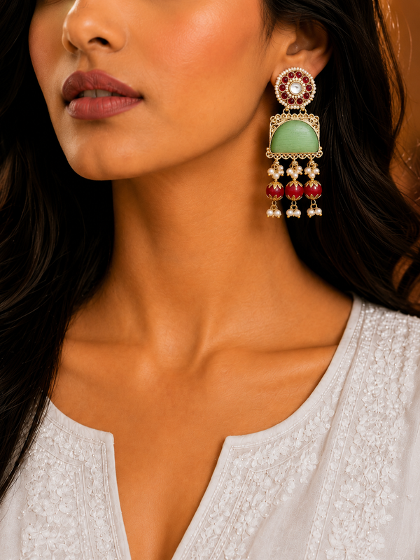 Premium Quality | Dangler Earrings | Artificial Stone with Pearl | Mint Color |