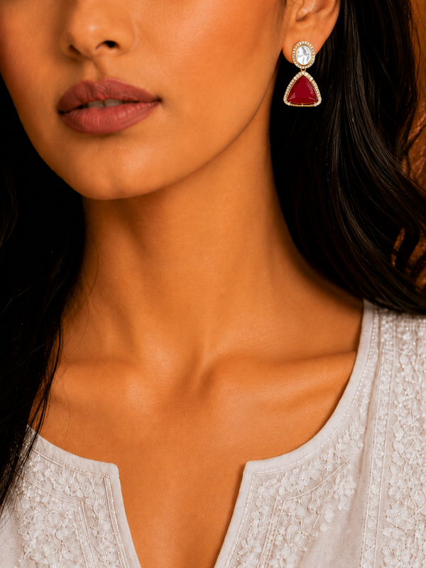 Premium Quality | American Diamond Earrings | Red Color |
