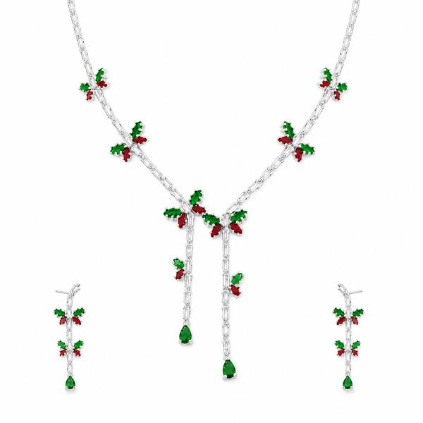 Ruby Red & Green Emerald Inspired | American Diamond Accents | Chain Pendant Set With Earrings |