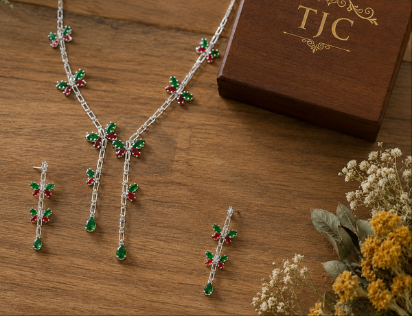 Ruby Red & Green Emerald Inspired | American Diamond Accents | Chain Pendant Set With Earrings |