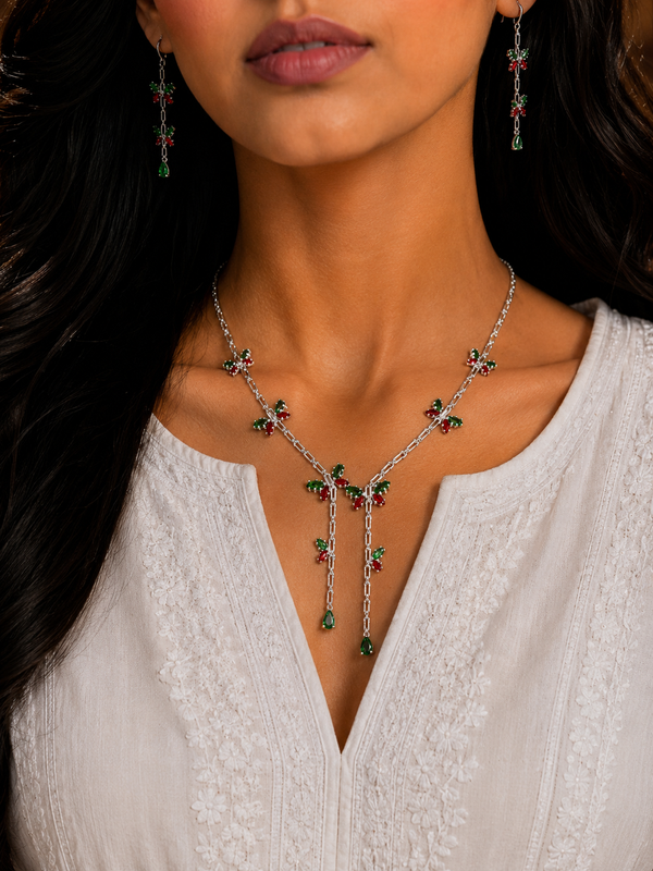 Ruby Red & Green Emerald Inspired | American Diamond Accents | Chain Pendant Set With Earrings |