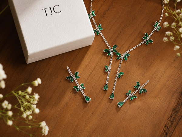 Green EmeraldInspired | American Diamond Accents | Chain Pendant Set With Earrings |