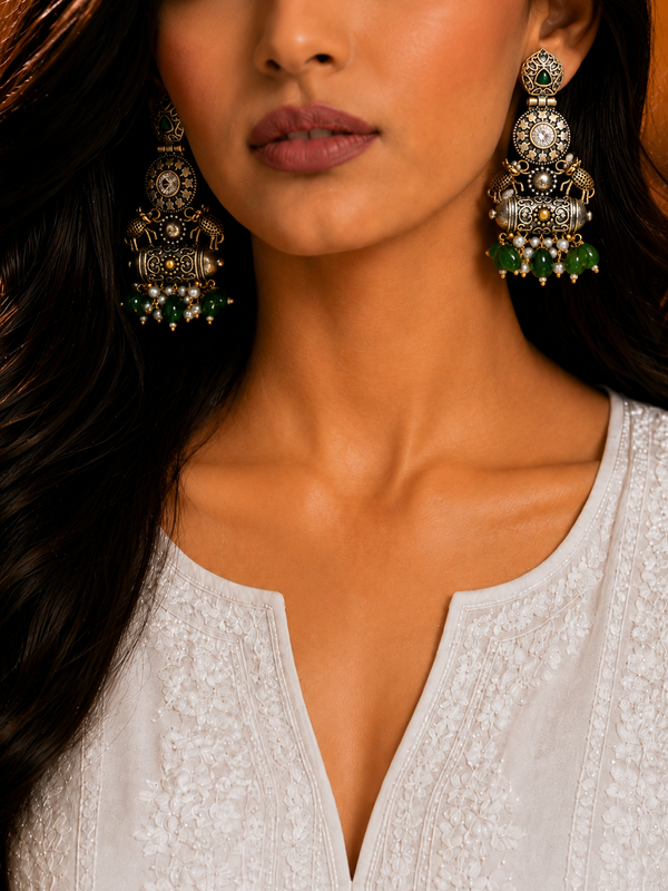 Premium Quality I Silver Plated I Oxidised Earrings IGreen beads I