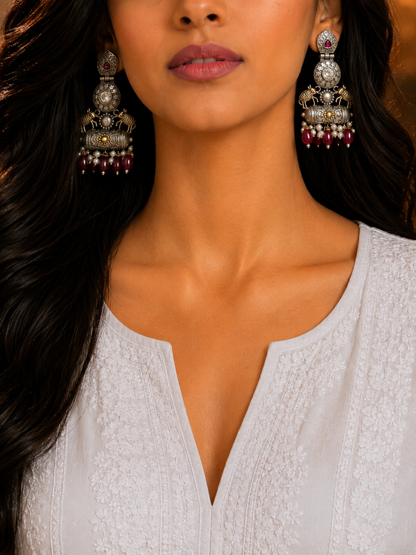 Premium Quality I Silver Plated I Oxidised Earrings IRed beads I
