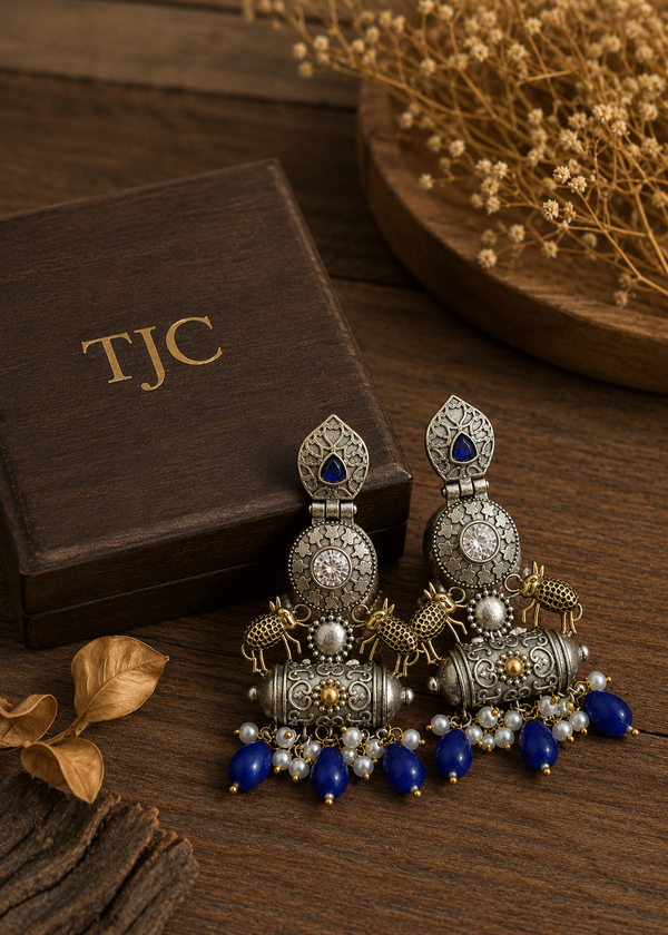 Premium Quality I Silver Plated I Oxidised Earrings IBlue beads I