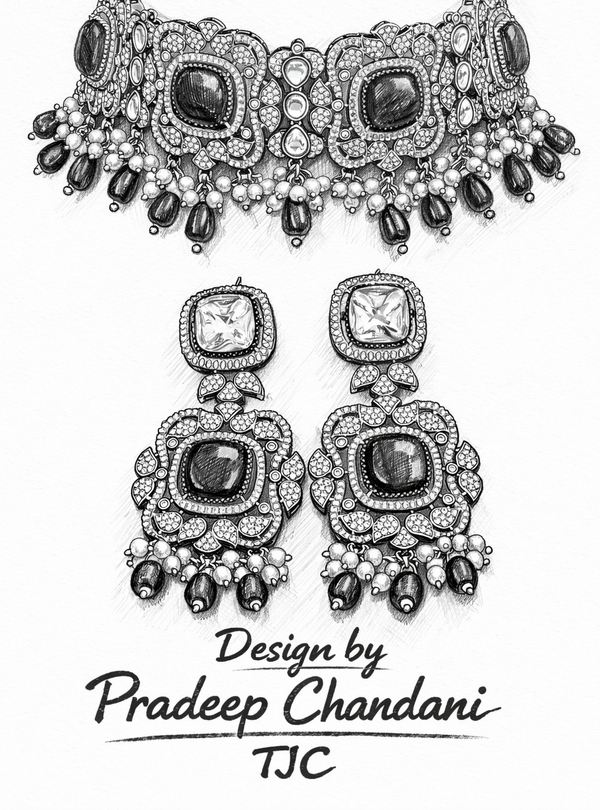 Monalisa Black Onyx | American Diamond Choker Necklace Set with Earrings | Elegant Jewelry |