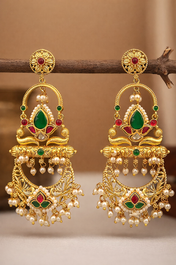 Gold Plated | Brass Dangler Earrings with Monalisa Glass Stone |