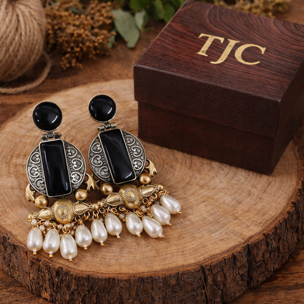 Black Onyx Glass | Silver & Gold (Dual) Plated | Silver Replica Oxisidised Earrings |