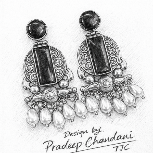 Black Onyx Glass | Silver & Gold (Dual) Plated | Silver Replica Oxisidised Earrings |