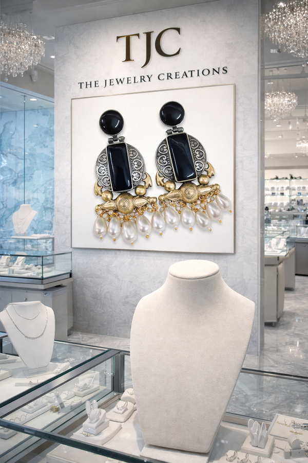 Black Onyx Glass | Silver & Gold (Dual) Plated | Silver Replica Oxisidised Earrings |