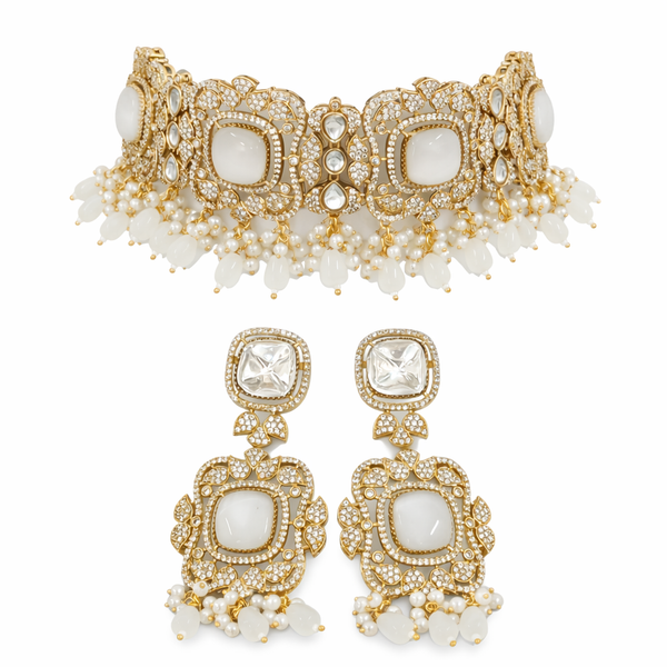Monalisa Ivory White | American Diamond Choker Necklace Set with Earrings | Elegant Jewelry |