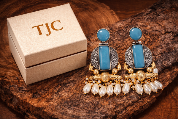 Turquoise Glass | Silver & Gold (Dual) Plated | Silver Replica Oxisidised Earrings |