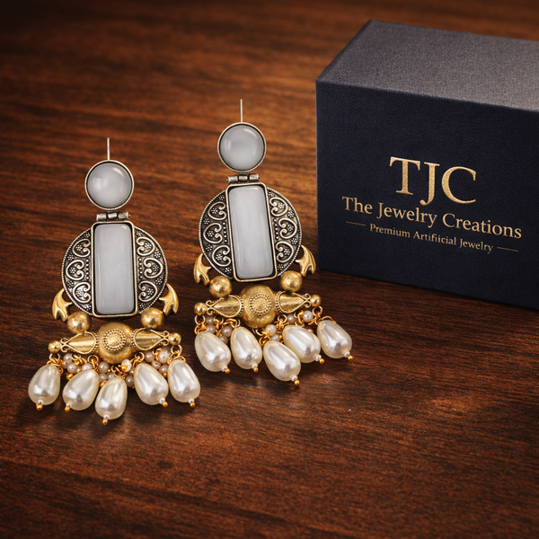 Moonstone Glass | Silver & Gold (Dual) Plated | Silver Replica Oxisidised Earrings |