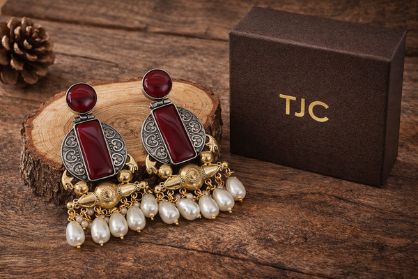 Ruby Red Glass | Silver & Gold (Dual) Plated | Silver Replica Oxisidised Earrings |