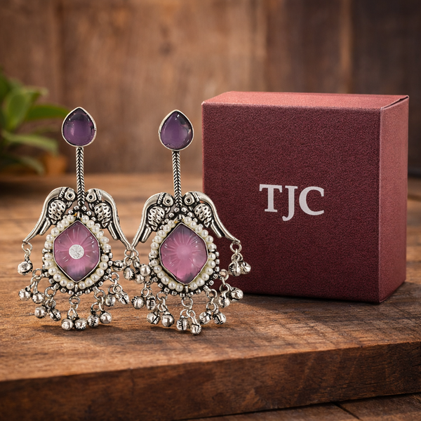 Silver Replica | Pink Chalcedony & Pearl | Oxidised Kashmiri Earrings |
