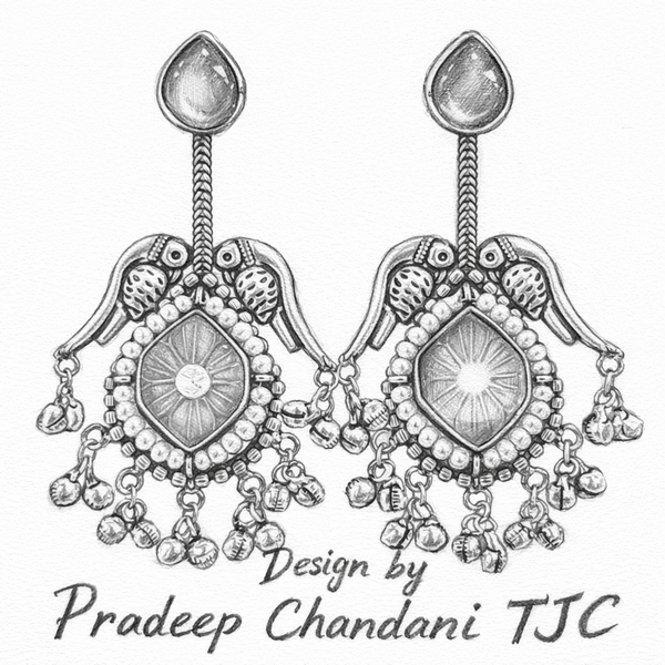 Silver Replica | Pink Chalcedony & Pearl | Oxidised Kashmiri Earrings |