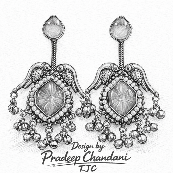 Silver Replica | Blue Chalcedony & Pearl | Oxidised Kashmiri Earrings |
