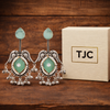Silver Replica | Green Chalcedony & Pearl | Oxidised Kashmiri Earrings |
