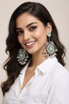 Silver Replica | Green Chalcedony & Pearl | Oxidised Kashmiri Earrings |