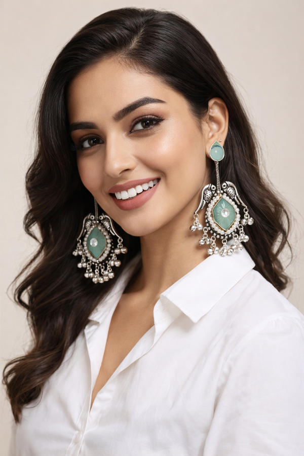 Silver Replica | Green Chalcedony & Pearl | Oxidised Kashmiri Earrings |