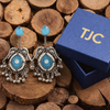 Silver Replica | Sky Blue Chalcedony & Pearl | Oxidised Kashmiri Earrings |