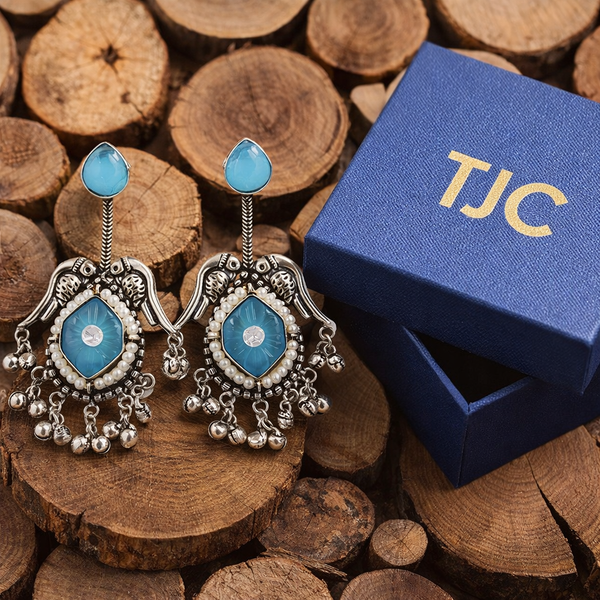 Silver Replica | Sky Blue Chalcedony & Pearl | Oxidised Kashmiri Earrings |