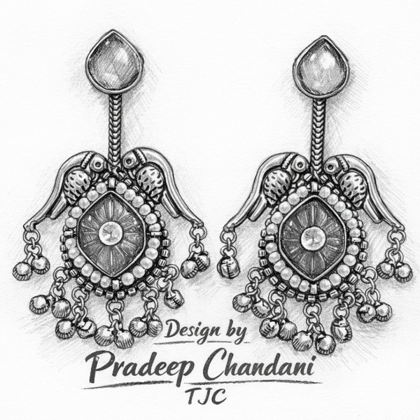 Silver Replica | Sky Blue Chalcedony & Pearl | Oxidised Kashmiri Earrings |