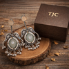 Silver Replica | Aqua Grey Chalcedony & Pearl | Oxidised Kashmiri Earrings |
